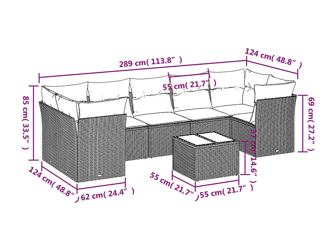 8-tlg. Garten-Sofagarnitur mit Kissen Grau Poly Rattan