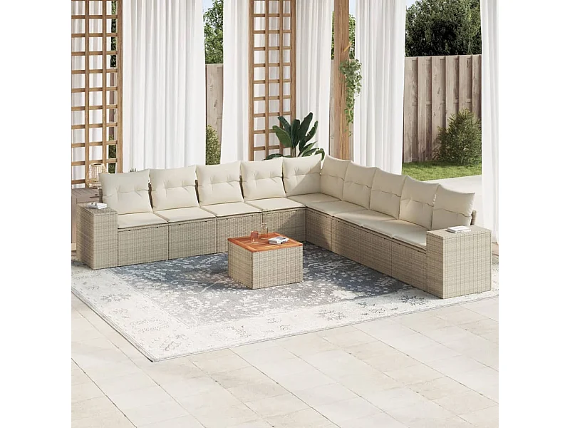 Set Divano da Giardino 10 pz con Cuscini Beige in Polyrattan