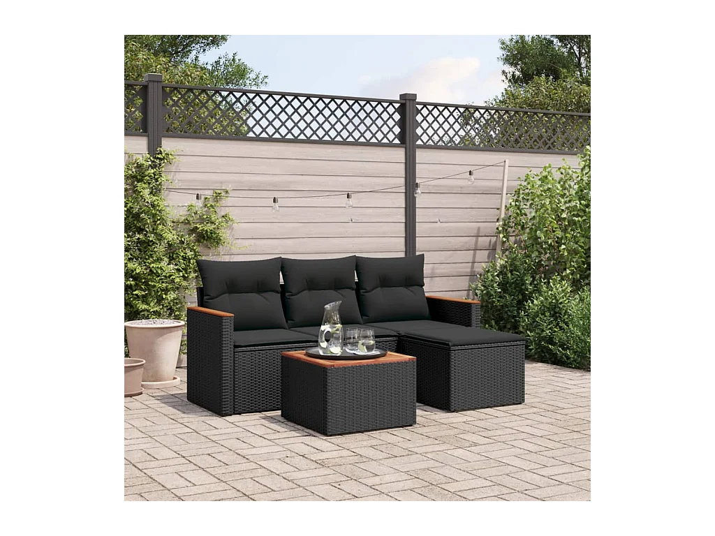 Salon de jardin 5 pcs avec coussins noir résine tressée
