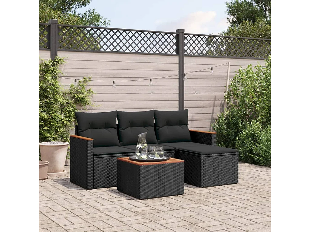 Salon de jardin 5 pcs avec coussins noir résine tressée