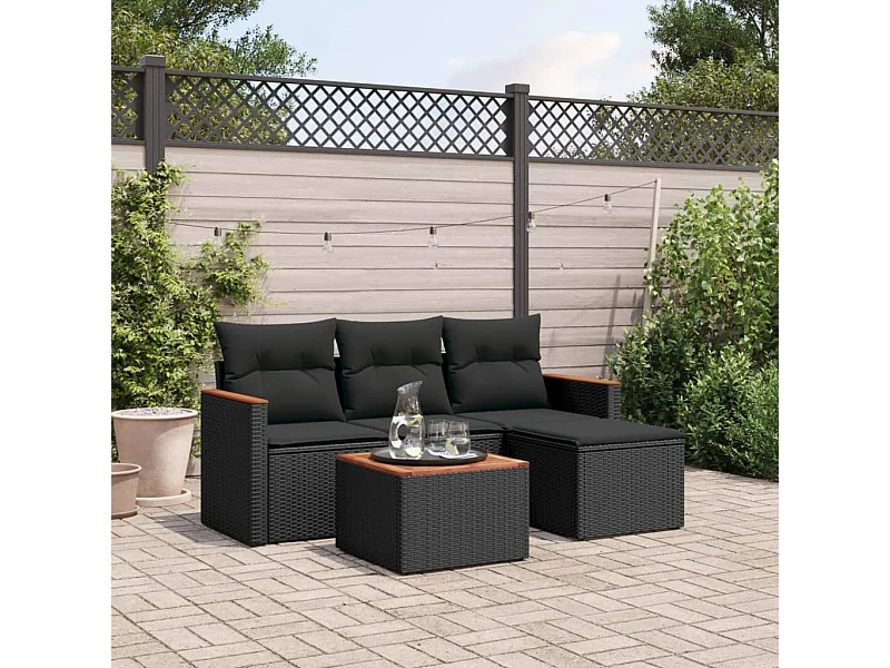 Salon de jardin 5 pcs avec coussins noir résine tressée
