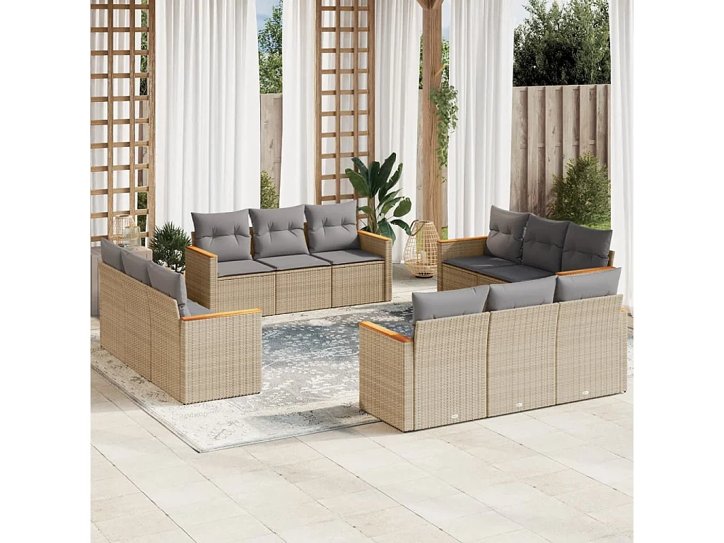 Salon de jardin et coussins 12 pcs mélange beige résine tressée
