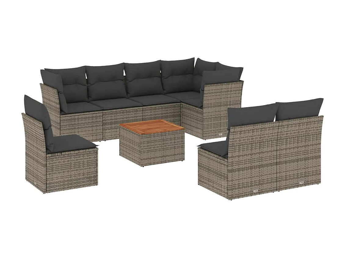 Salon de jardin 9 pcs avec coussins gris résine tressée