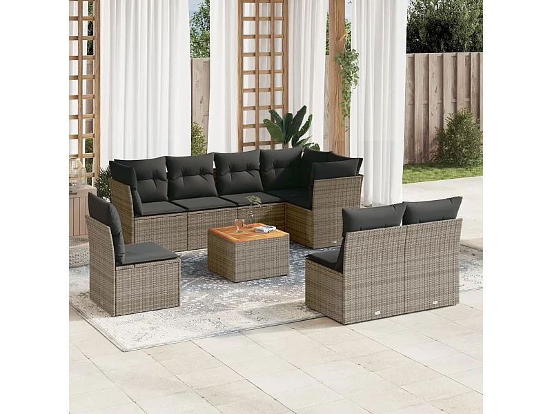 Set Divano da Giardino 9 pz con Cuscini Grigio in Polyrattan