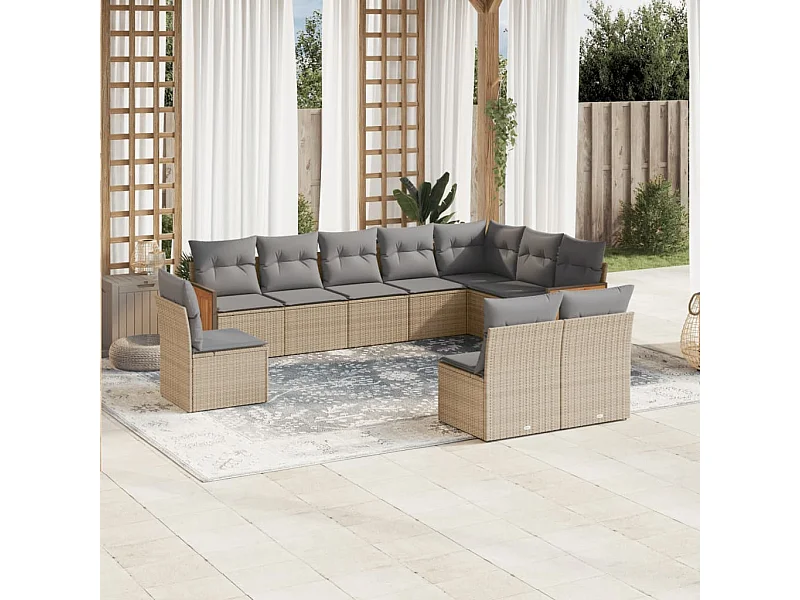 Set Divano da Giardino 10 pz con Cuscini Beige in Polyrattan