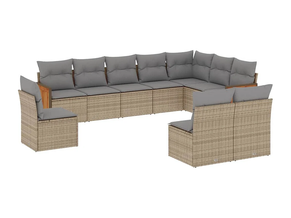 Set Divano da Giardino 10 pz con Cuscini Beige in Polyrattan
