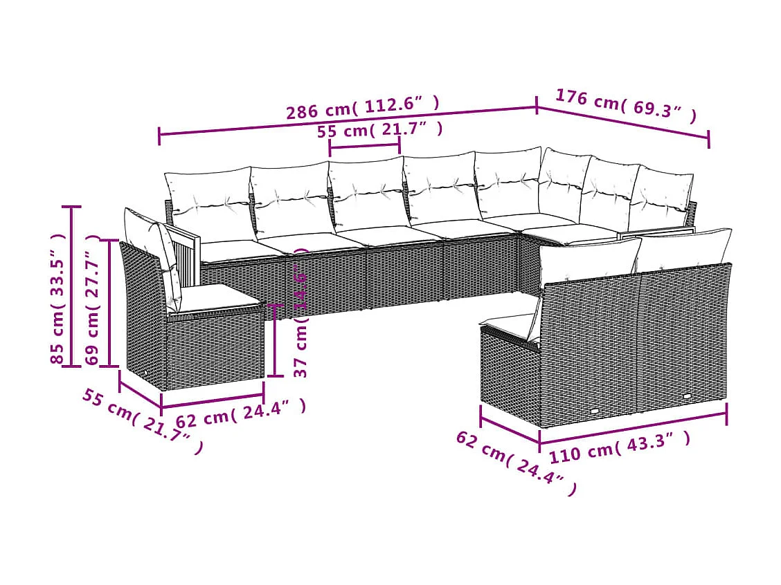 Set Divano da Giardino 10 pz con Cuscini Beige in Polyrattan