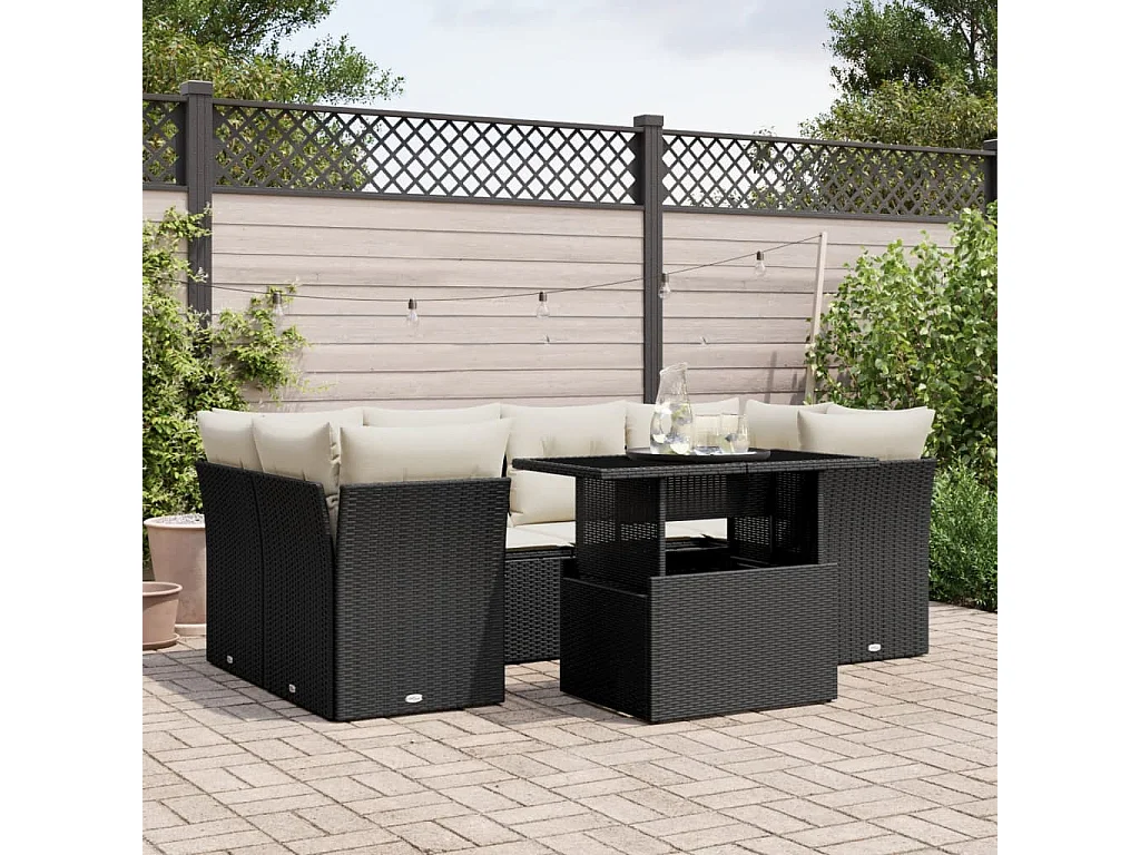 7 pcs conjunto de sofás p/ jardim c/ almofadões vime PE preto