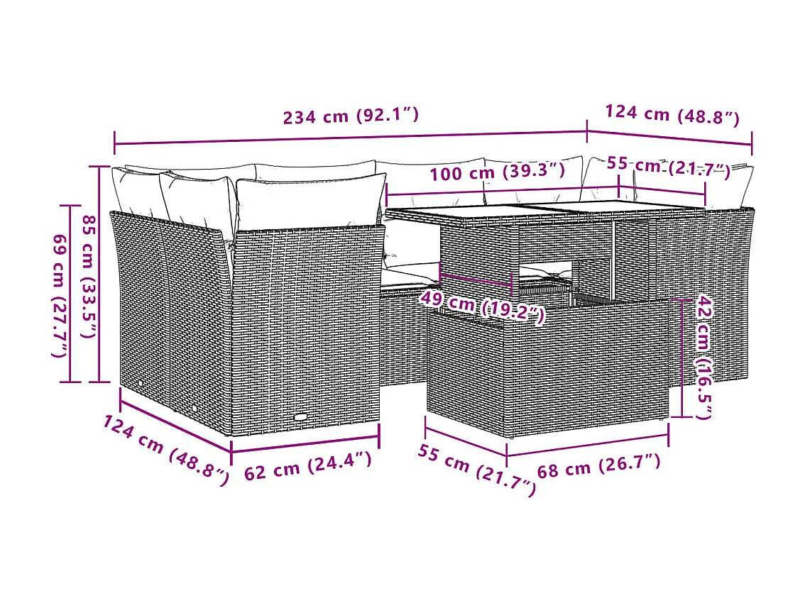 7 pcs conjunto de sofás p/ jardim c/ almofadões vime PE preto