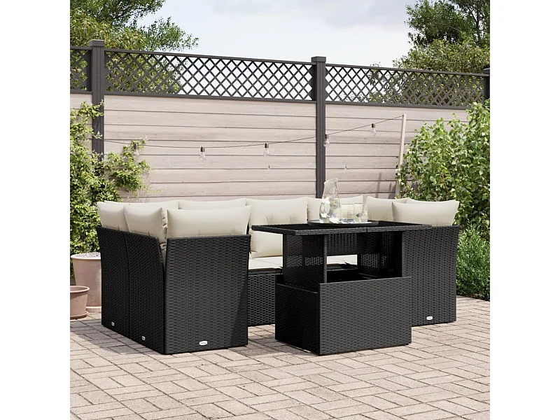7-delige Loungeset met kussens poly rattan zwart