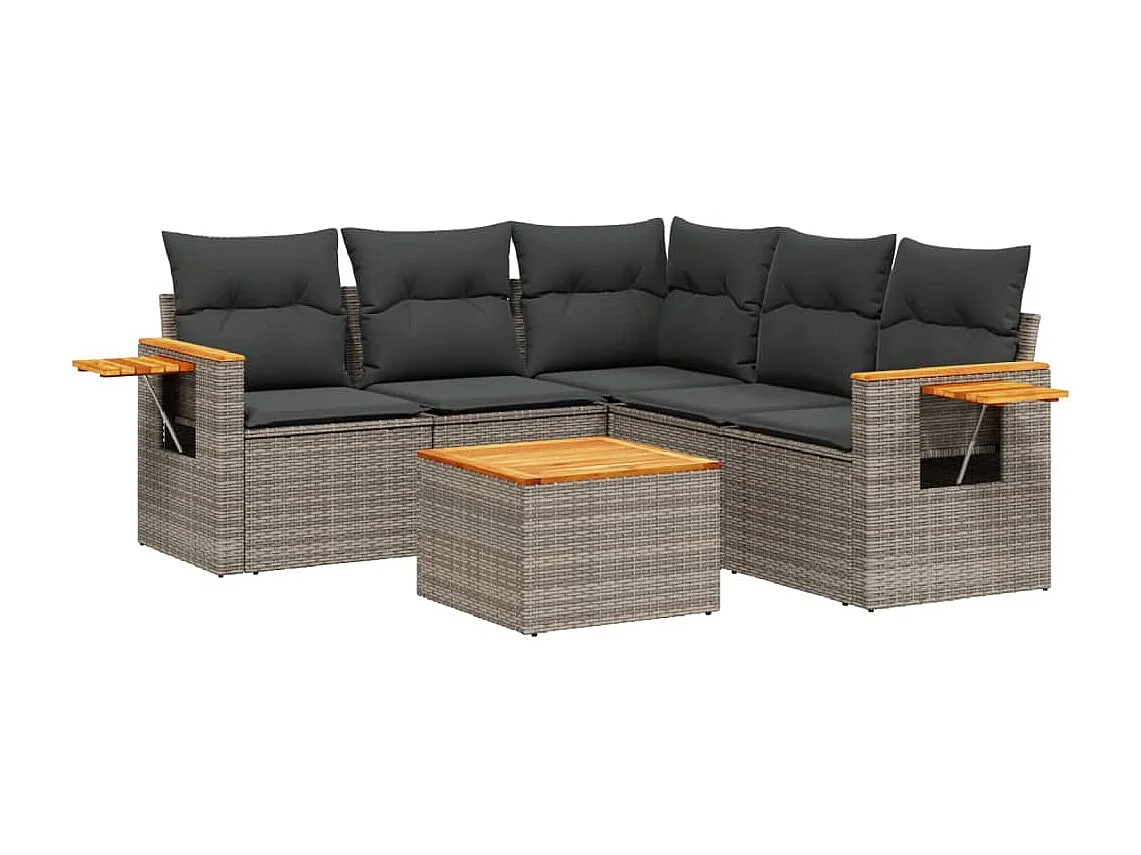 Salon de jardin 6 pcs avec coussins gris résine tressée