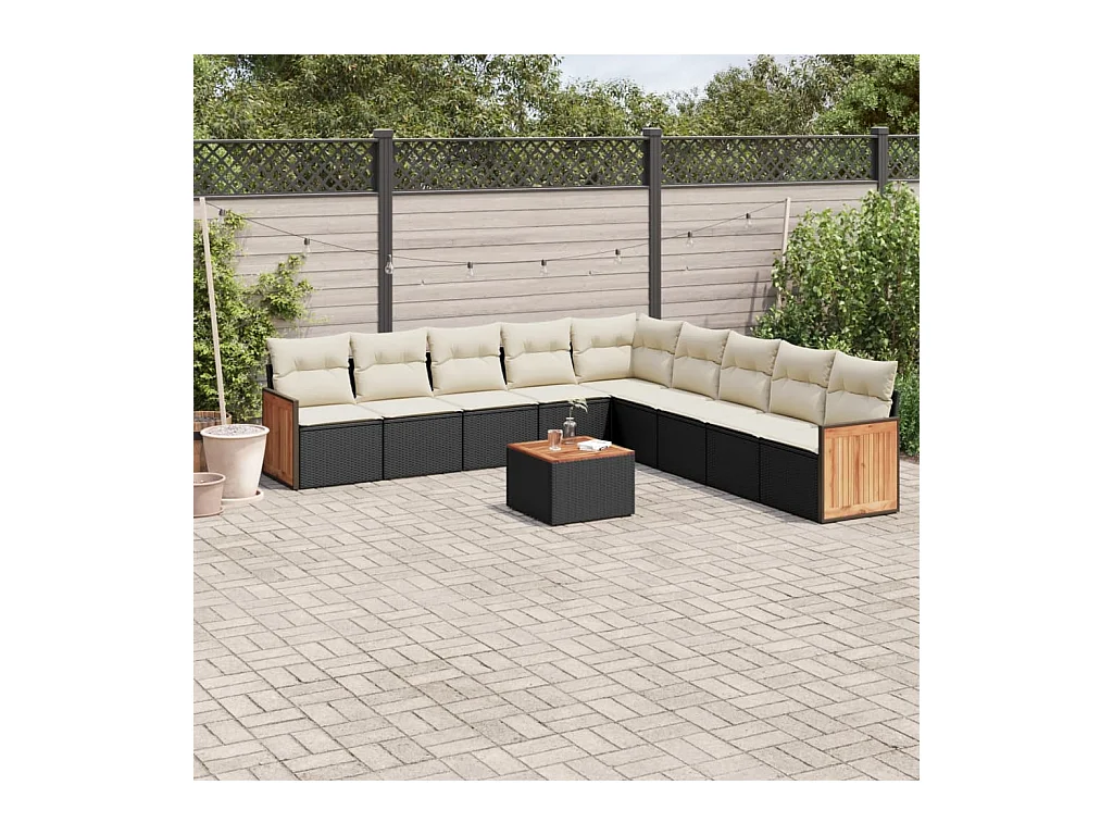 10-delige Loungeset met kussens poly rattan zwart