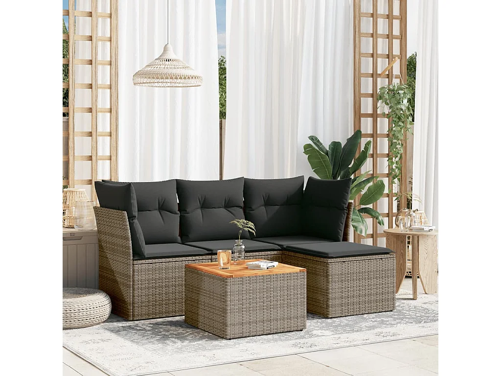 5-tlg. Garten-Sofagarnitur mit Kissen Grau Poly Rattan