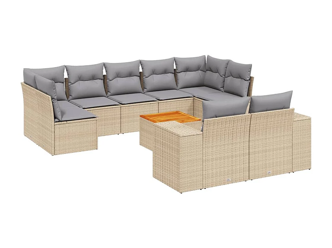 Salon de jardin avec coussins 10 pcs beige résine tressée