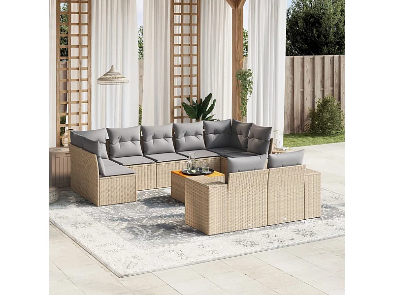 Salon de jardin avec coussins 10 pcs beige résine tressée