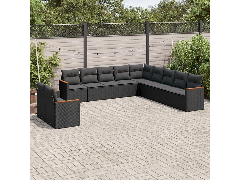 11-tlg. Garten-Sofagarnitur mit Kissen Schwarz Poly Rattan