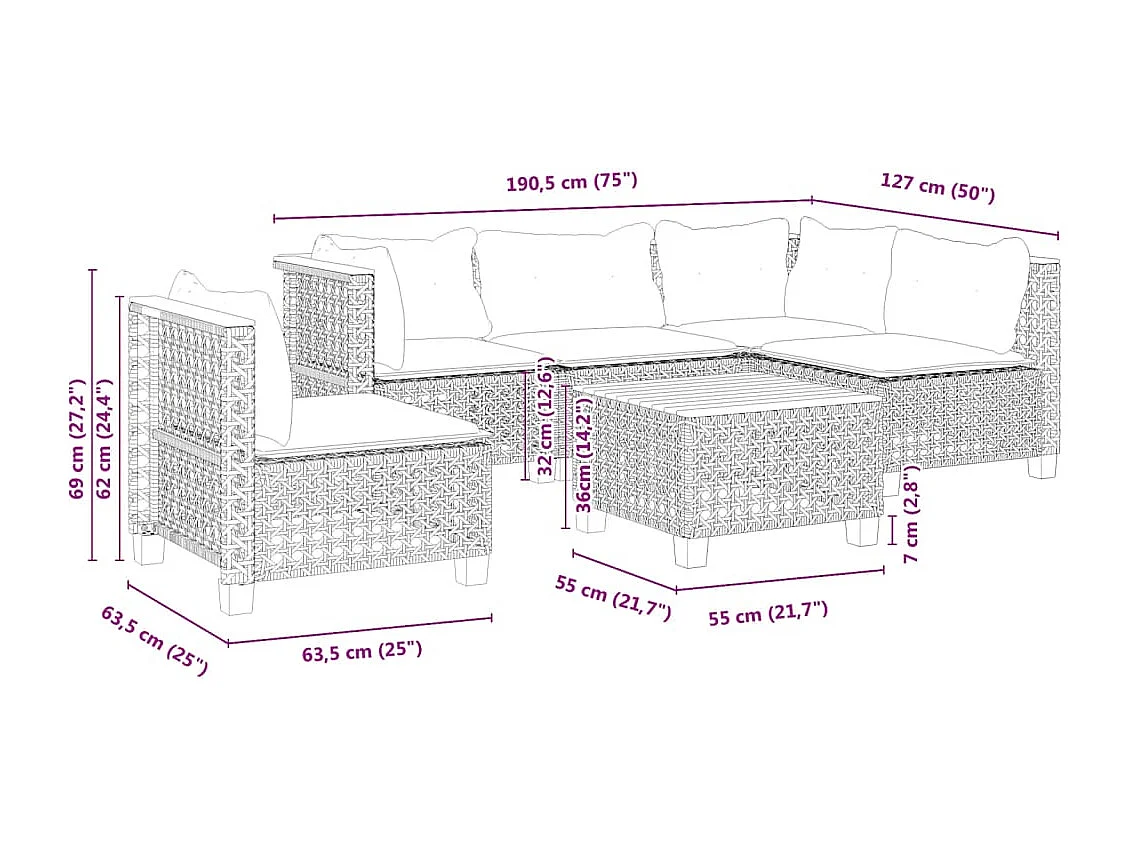 Salon de jardin 6 pcs avec coussins gris résine tressée