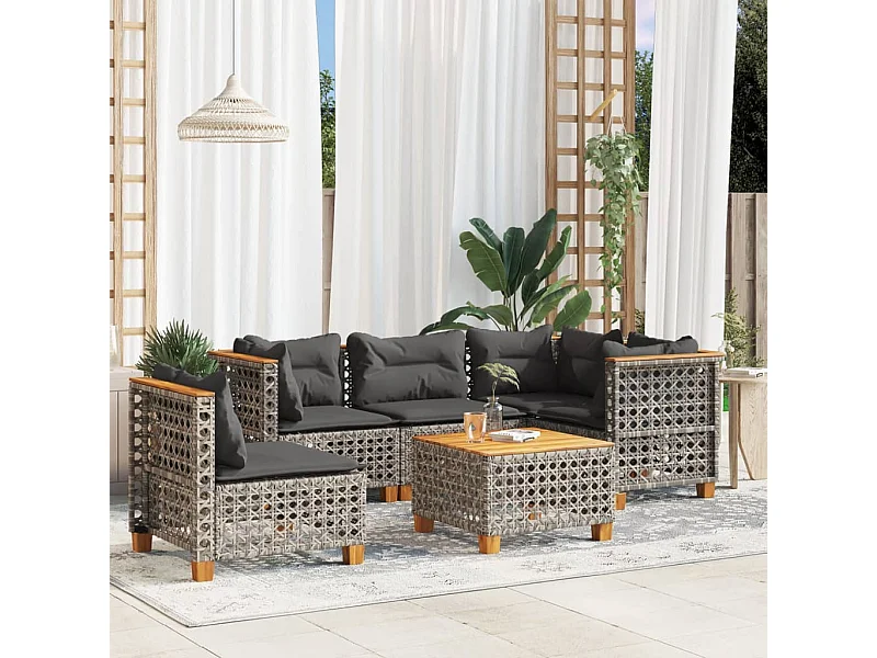 Salon de jardin 6 pcs avec coussins gris résine tressée