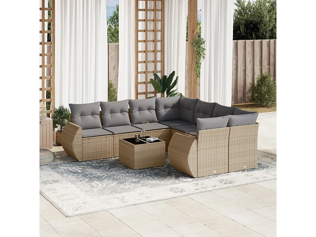 Salon de jardin avec coussins 9 pcs beige résine tressée