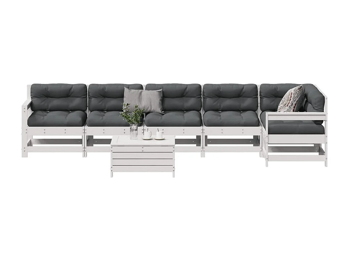 Salon de jardin 7 pcs avec coussins blanc bois de pin massif