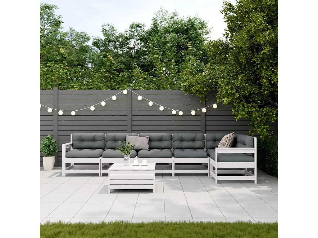 Salon de jardin 7 pcs avec coussins blanc bois de pin massif
