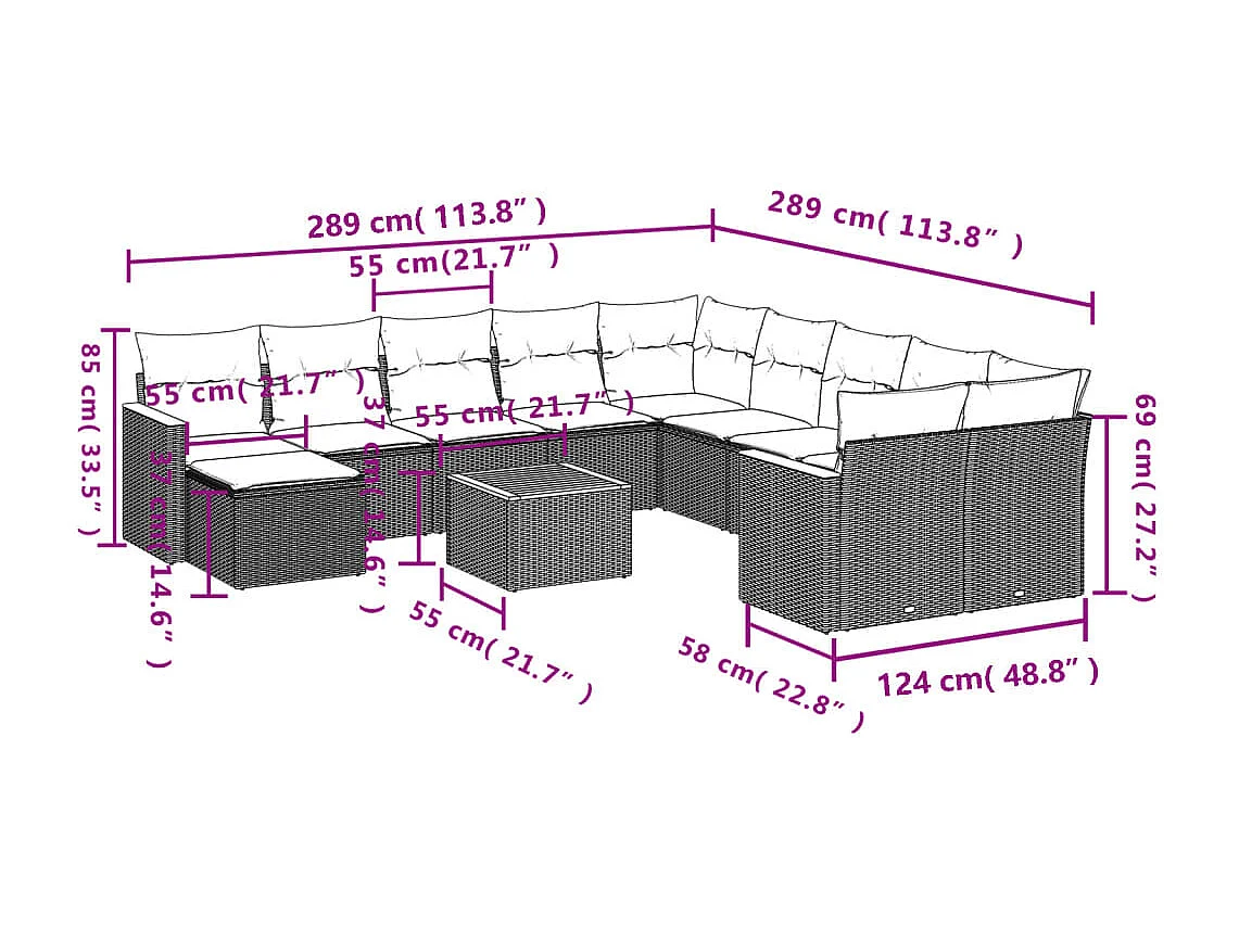 Salon de jardin avec coussins 12 pcs gris résine tressée
