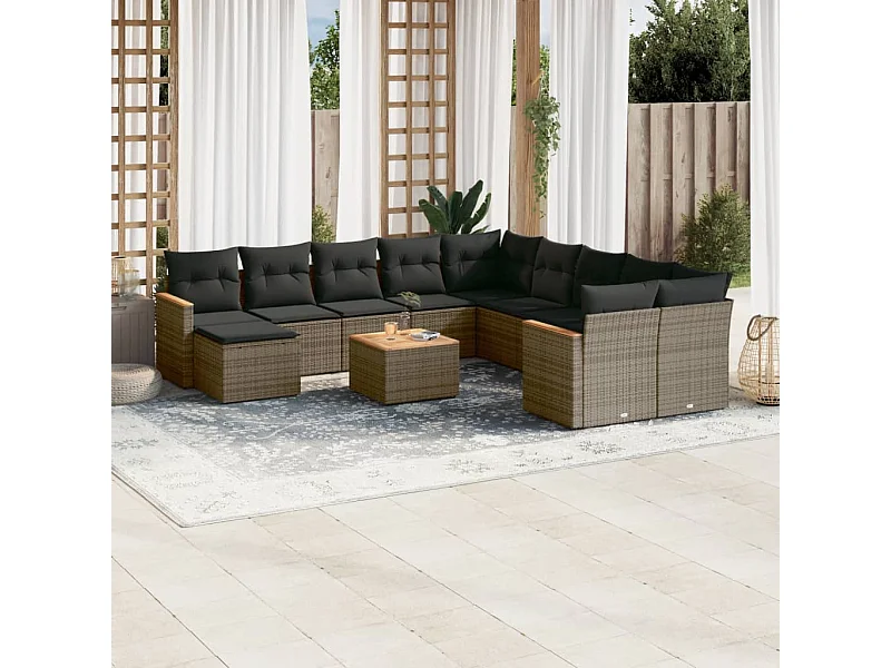 Salon de jardin avec coussins 12 pcs gris résine tressée