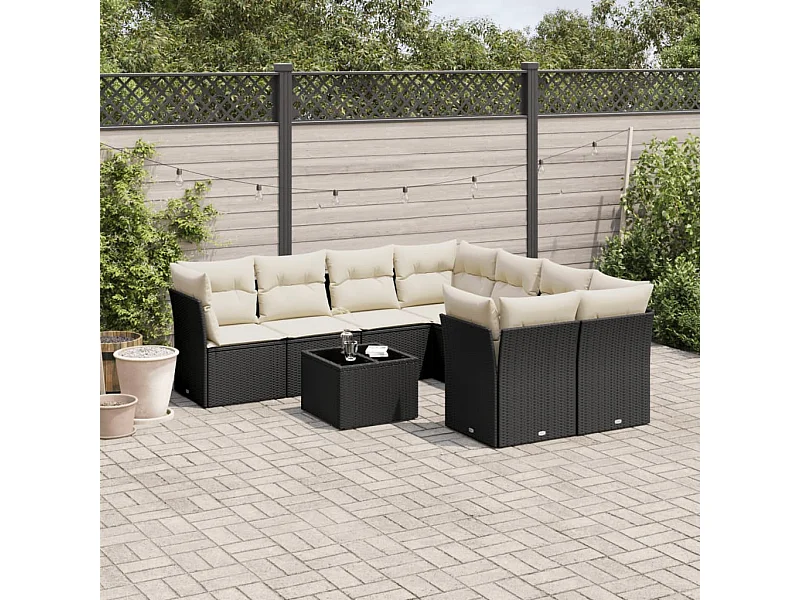 Salon de jardin 9 pcs avec coussins noir résine tressée