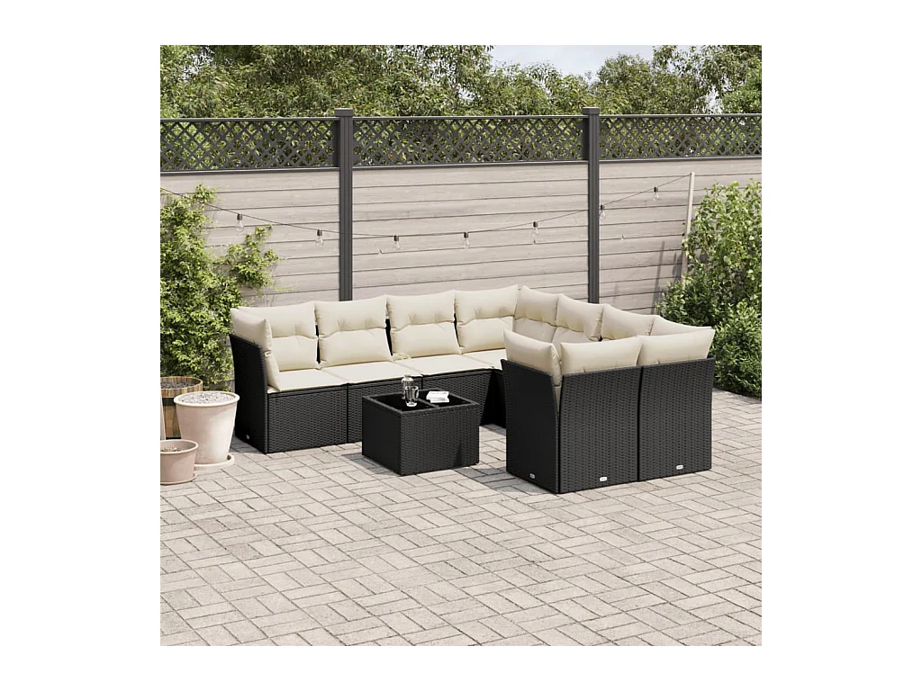 9 pcs conjunto de sofás p/ jardim c/ almofadões vime PE preto