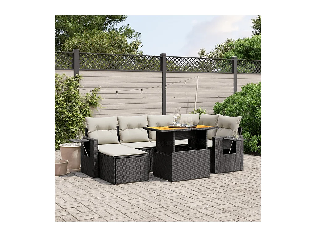 Salon de jardin 7 pcs avec coussins noir résine tressée