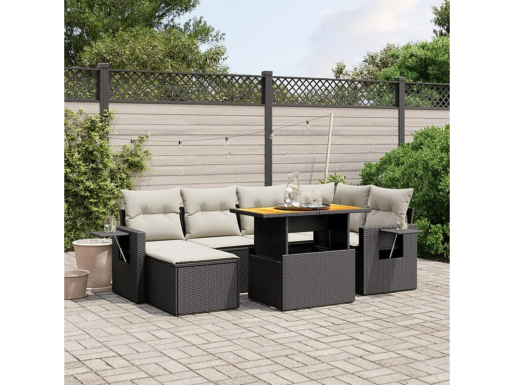 Set Divani da Giardino con Cuscini 7pz Nero Polyrattan