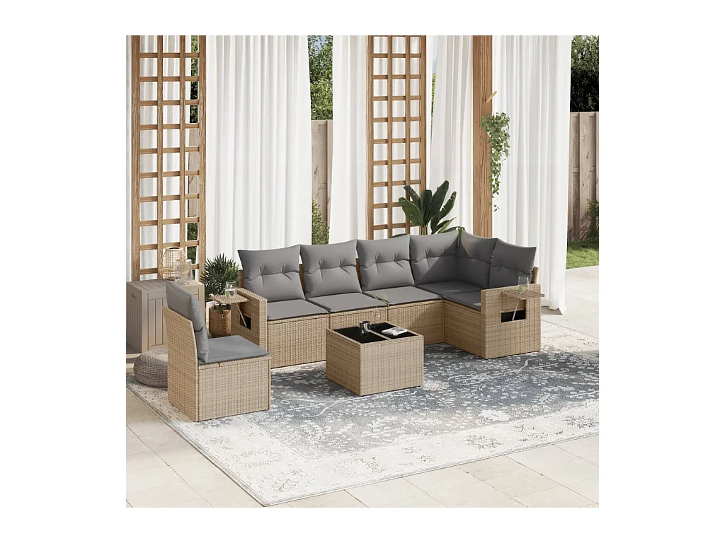 Set Divani da Giardino 7 pz con Cuscini Beige in Polyrattan