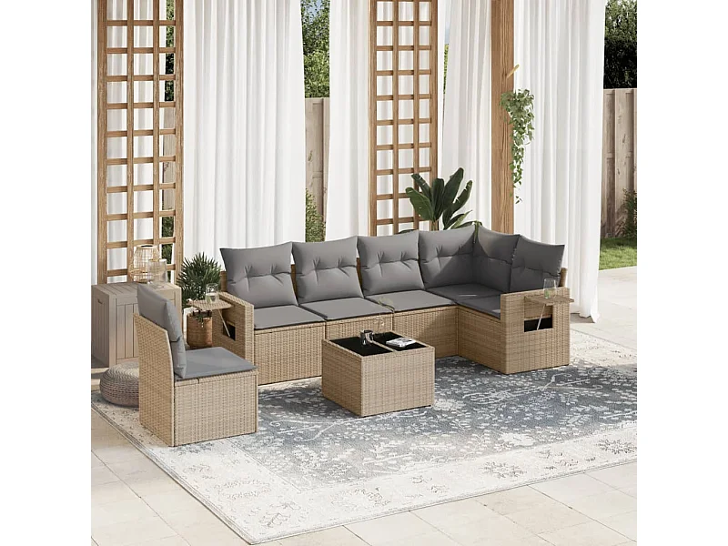 Salon de jardin avec coussins 7 pcs beige résine tressée
