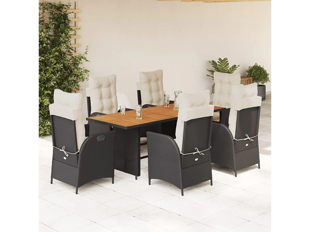 Set da Pranzo da Giardino 7 pz Nero con Cuscini in Polyrattan