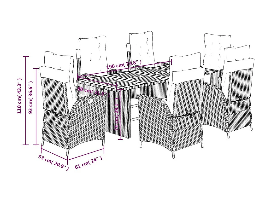 Set da Pranzo da Giardino 7 pz Nero con Cuscini in Polyrattan