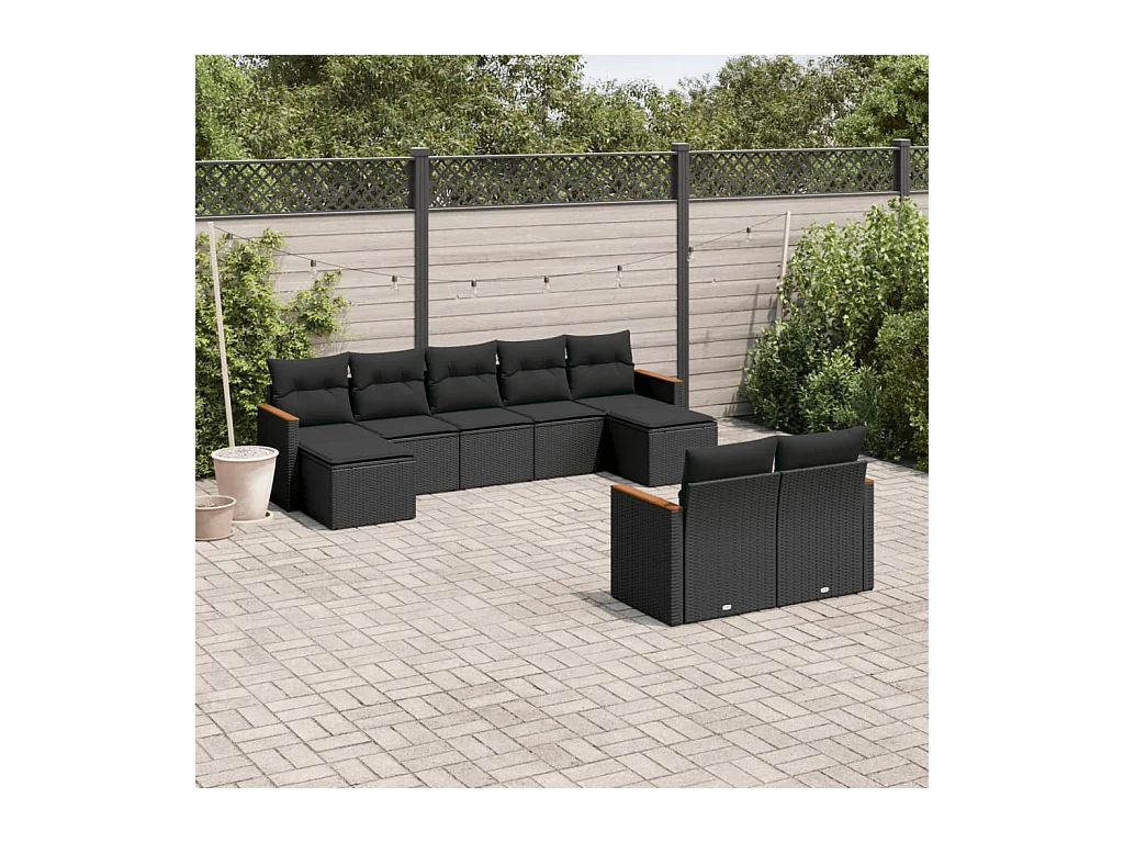 9-delige Loungeset met kussens poly rattan zwart
