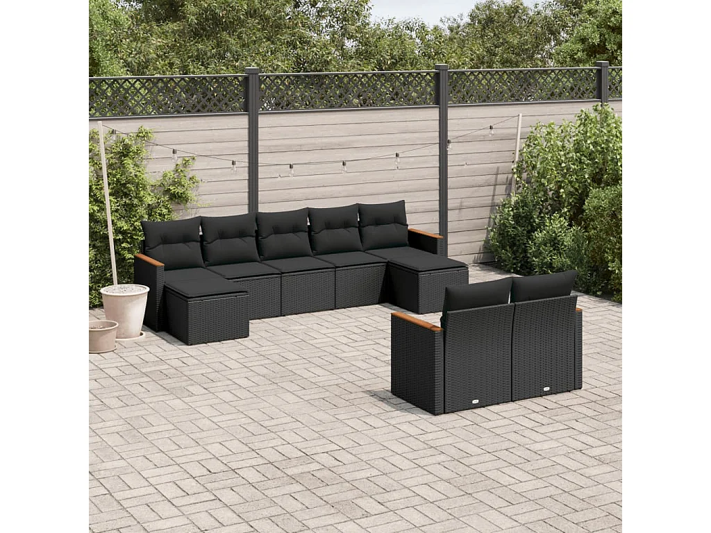 Salon de jardin 9 pcs avec coussins noir résine tressée