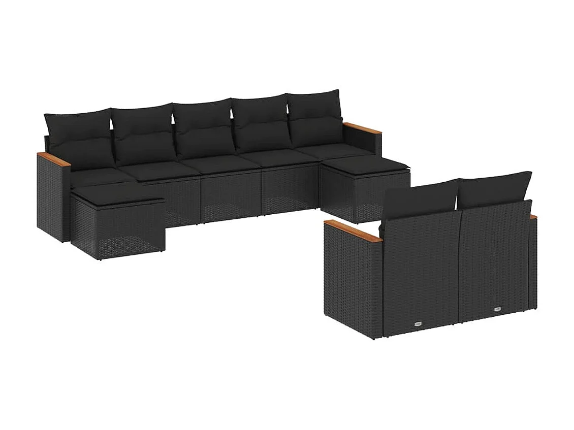 Salon de jardin 9 pcs avec coussins noir résine tressée