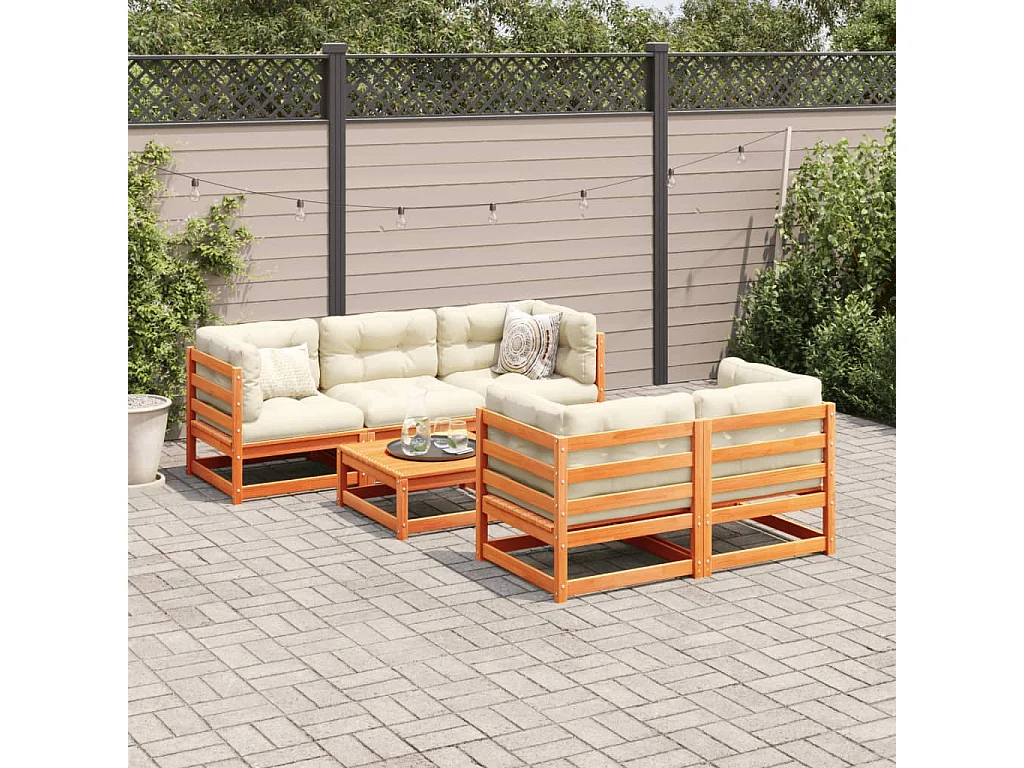 Salon de jardin 6 pcs avec coussins cire marron bois pin massif