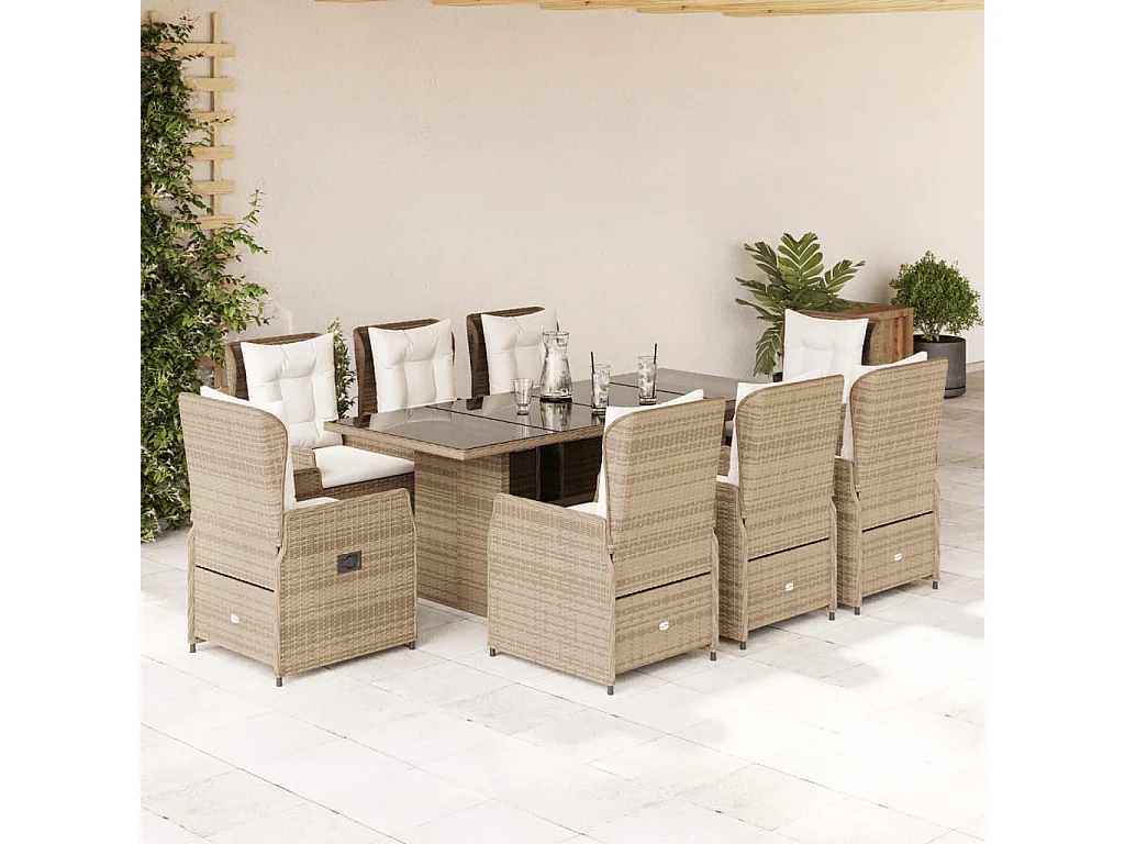 Ensemble à manger de jardin et coussins 9 pcs beige Poly rotin