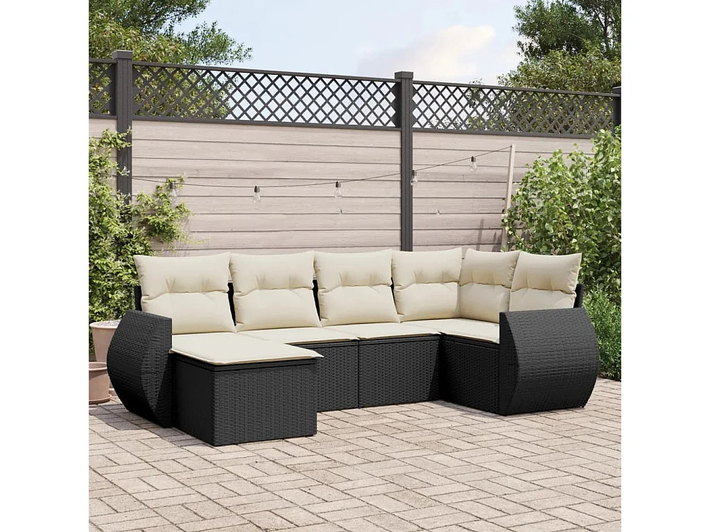 Salon de jardin 6 pcs avec coussins noir résine tressée