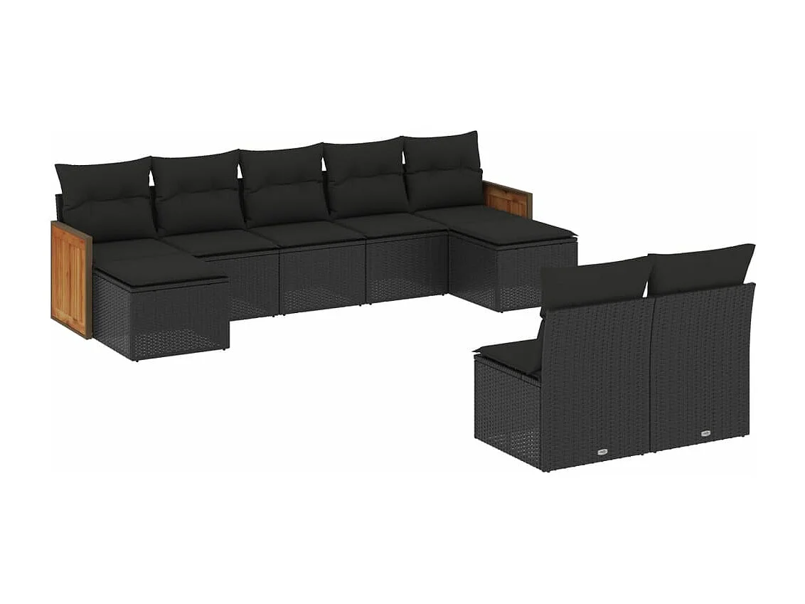 Salon de jardin 9 pcs avec coussins noir résine tressée