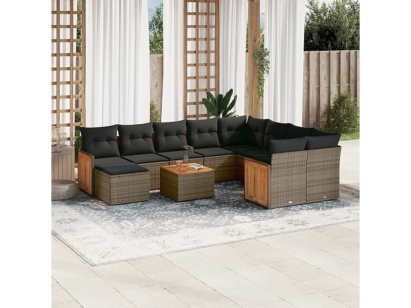 11-tlg. Garten-Sofagarnitur mit Kissen Grau Poly Rattan