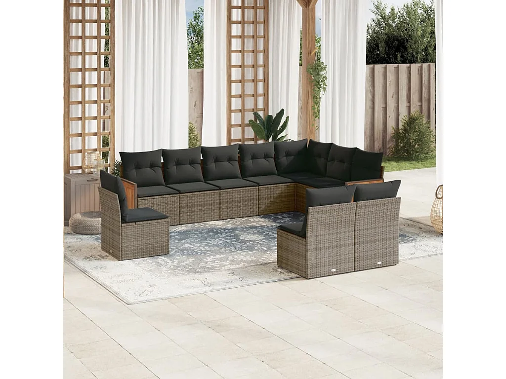 Salon de jardin avec coussins 10 pcs gris résine tressée