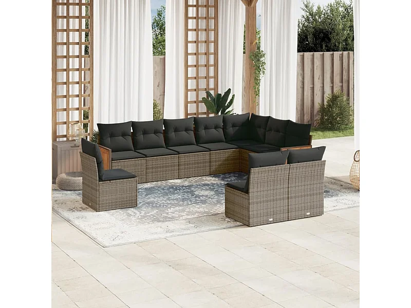 Salon de jardin avec coussins 10 pcs gris résine tressée