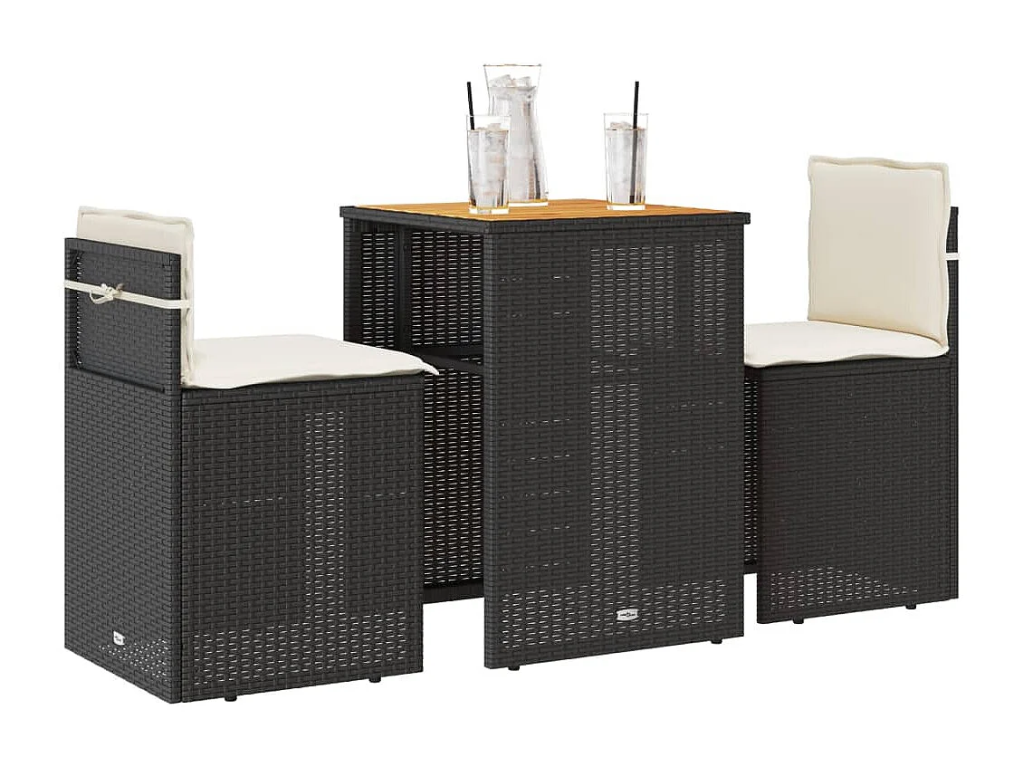 3-delige Bistroset met kussens poly rattan zwart