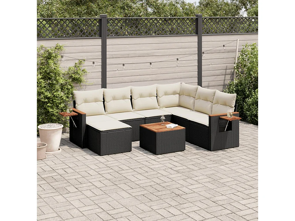Salon de jardin 8 pcs avec coussins noir résine tressée