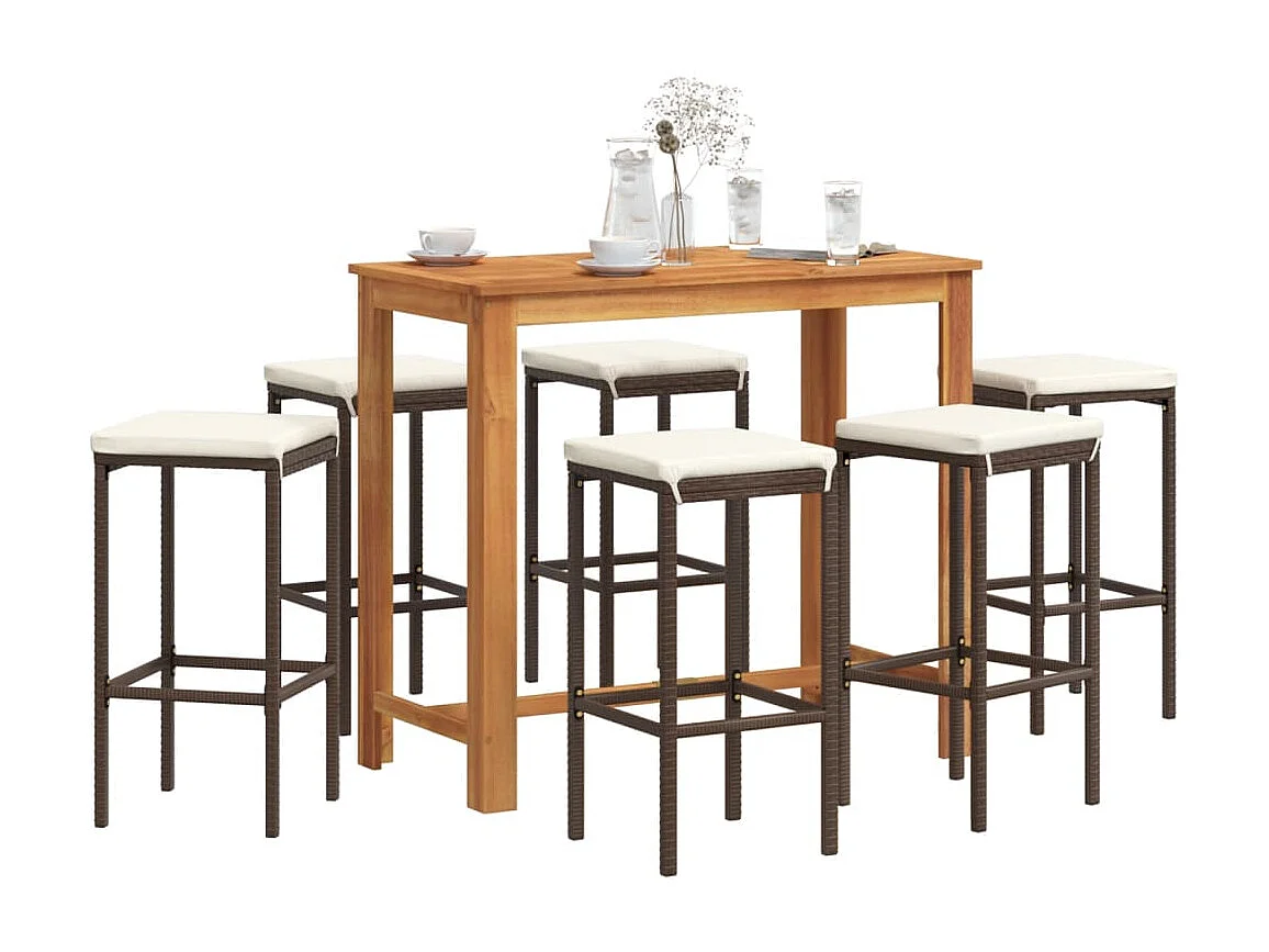 Mesa y taburetes de jardín 7 pzas madera acacia ratán PE marrón
