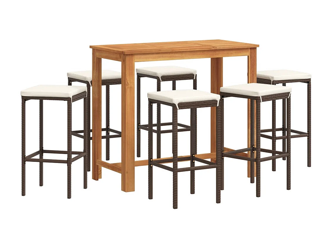 Mesa y taburetes de jardín 7 pzas madera acacia ratán PE marrón