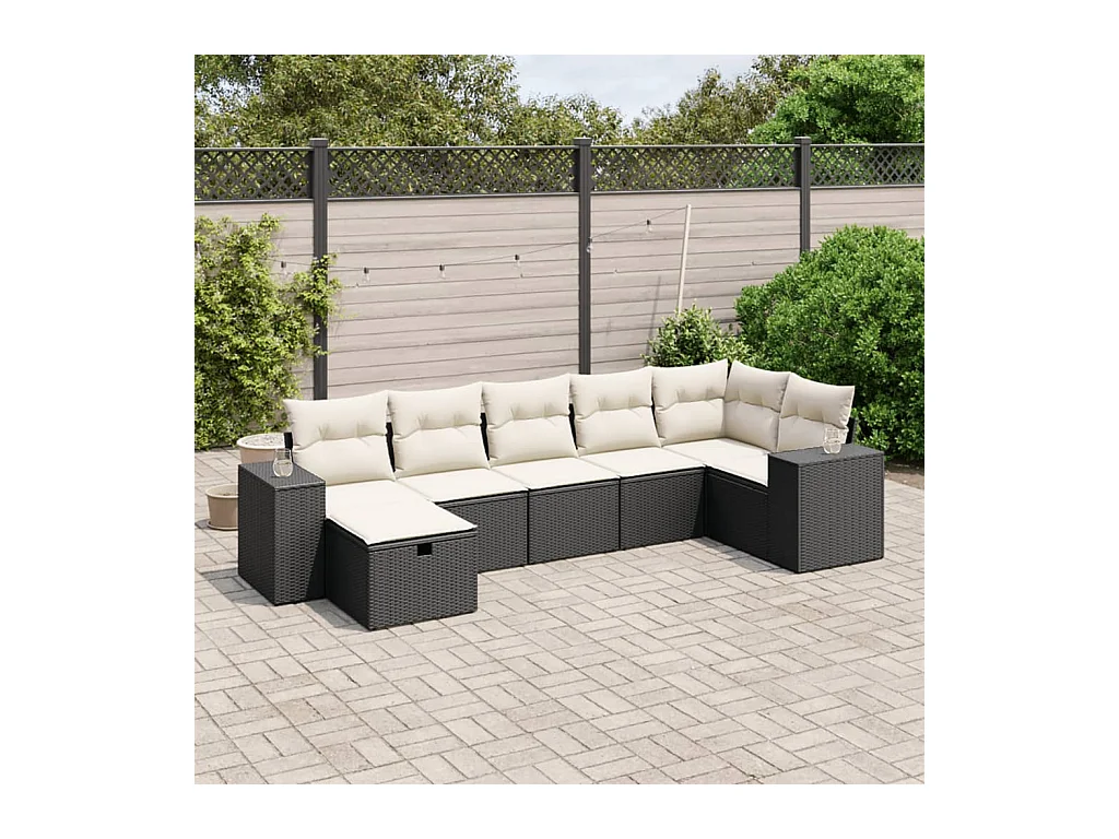 Salon de jardin 7 pcs avec coussins noir résine tressée